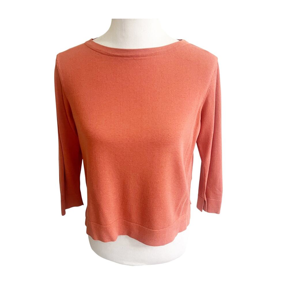 Eileen Fisher Cropped Top Women's M Coral Viscose Blend 3/4 Sleeve Blouse Preppy
